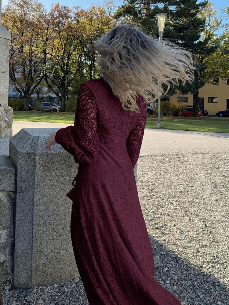 burgundy maxi dress sleeves Long Sleeve Linen Maxi Dress, Burgundy, Wrap Design, Bohemian Clothing