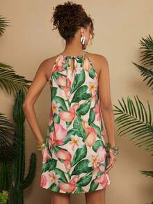 Travachic Beige Summer Boho Beach Vacation Holiday Floral Chiffon Off-Shoulder Loose Short Dress For Women,Elegant Mexican Style Tropical Wedding Guest Outfit - Apricot - View 2