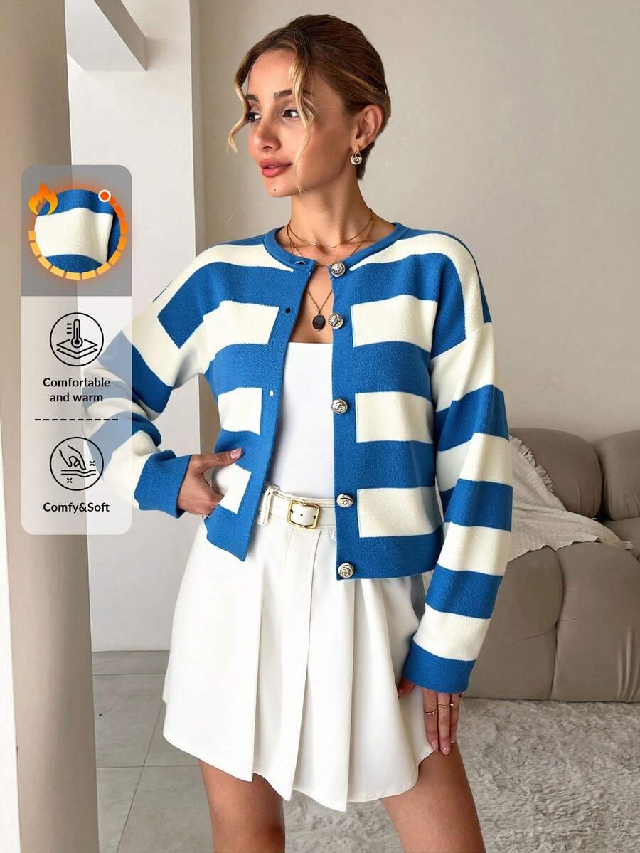 SHEIN Cottnline Cárdigan corto casual con bloques de color y rayas para mujer, para primavera y otoño - Agua verde azul - Ver 1