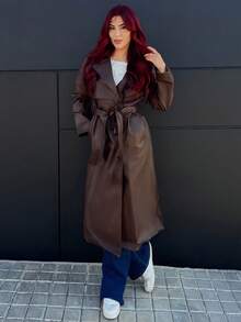 Bearsaez 秋冬女式常规剪裁 PU 皮夹克，撞色翻领、领带、腰带 - 咖啡棕 - 查看 1