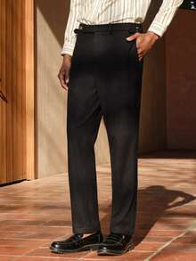 AKNOTIC 男士纯色腰部纽扣设计直筒西装裤 - 黑色 - 查看 7