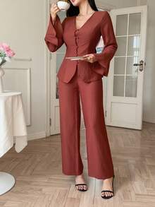 DAZY Spring Elegant Party Bell Sleeve V-Neck Cinched Waist Top And Casual Pants 2-Piece Set For Women - Rust Brown - View 6