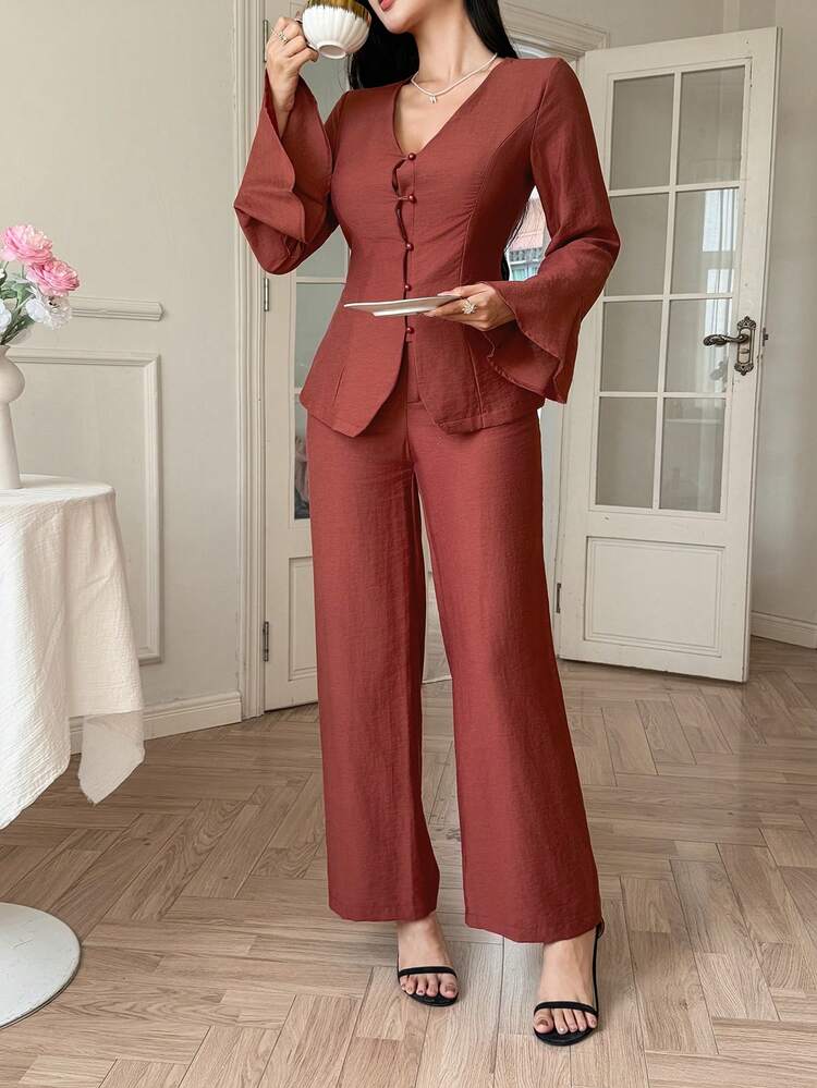 Spring Elegant Party Bell Sleeve V-Neck Cinched Waist Top And Casual Pants 2-Piece Set For Women