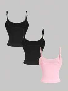 SHEIN MOD 3件套女士字母印花蝴蝶结装饰吊带背心 - 彩色 - 查看 3