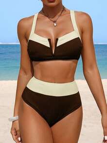 Swim Lushoire Bộ bikini nữ mùa hè, kiểu dáng thường ngày, cổ chữ V, phối nhiều mảnh, thích hợp đi biển. - màu nâu - Xem 6