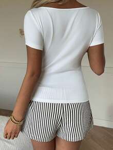 CovetEZ New Spring/Summer Women's Casual Embroidered Detail Button Top And Striped Pants 2-Piece Set, White Outfit Suitable For Beach Vacation, Valentine's Day, Music Festival, Holiday Beach And Other Occasions - Black and White - View 2