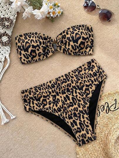 SHEIN VCAY Women Leopard Print Bandeau Strapless Bikini Top And Bottoms Swimwear Set For Summer Beach Vacation,Summer Clothes,Valentine Day,Vacation Outfits Woman,Beach Outfits For Woman, Festival,Romantic,Bohemian,BOHO, Sweet,Coquette,Rave Outfits Festival,Tropical Vacation Woman Clothes,Carnival,Swim Suits For Women,Bathing Suits Women, Tube Top