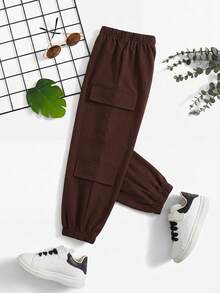 SHEIN 男童休闲舒适侧袋抽绳裤 - 棕色 - 查看 3