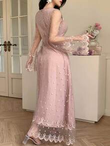 Joudiya Đầm midi hoa nhí thêu màu hồng bằng vải organza, thanh lịch cho mùa xuân và mùa hè, thích hợp cho Ngày Valentine, đám cưới, tiệc tùng, các dịp trang trọng, thời trang, đi làm, eo ôm, tay xòe, kiểu đầm chống nắng dành cho nữ. - Hồng - Xem 4