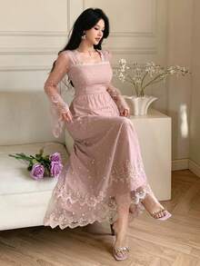 Joudiya Đầm midi hoa nhí thêu màu hồng bằng vải organza, thanh lịch cho mùa xuân và mùa hè, thích hợp cho Ngày Valentine, đám cưới, tiệc tùng, các dịp trang trọng, thời trang, đi làm, eo ôm, tay xòe, kiểu đầm chống nắng dành cho nữ. - Hồng - Xem 7