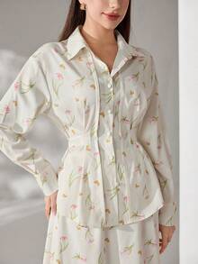 Veilorie Women's Elegant Commuter Ditsy Floral Shirt And Skirt 2 Pieces Set - Apricot - View 1