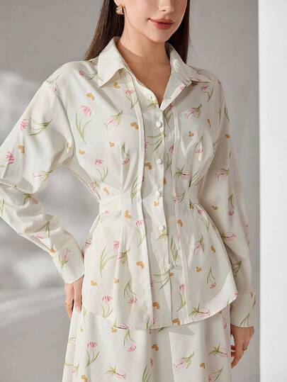 Veilorie ชุดเซ็ตเสื้อและกระโปรงลายดอกไม้ Ditsy สำหรับผู้หญิง 2 ชิ้น