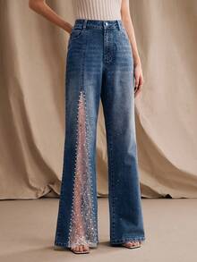 Anewsta 女士浪漫蕾丝拼接亮片钻石珍珠白牛仔裤，适合春夏、情人节派对、度假穿着 - 藍色 - 查看 3