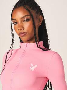 Missguided x Playboy 拉链式运动夹克，侧边饰有褶皱细节和兔子标志 - 粉色 - 查看 5