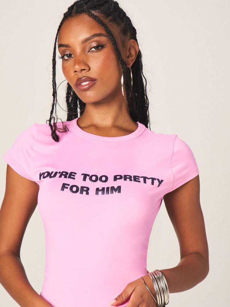 MISSGUIDED Women's Too Pretty For Him Graphic Baby Tee Short Sleeve Crew Neck T-Shirt Statement Slogan Top Casual Streetwear