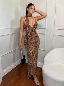 SHEIN SXY 女士性感豹纹露背系带紧身吊带连衣裙，配缎带，夏季派对/约会装 - 棕色 - 查看 3