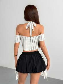 valorelle valorelle Women's Fashion Halter Striped Sporty Casual Sexy Crop Top, Off-Shoulder Short Sleeve Letter Print Street Style T-Shirt, Spring/Summer - Multicolor - View 2