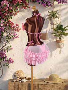 Amplova 三件套女士泳衣套装，包含3D立体花朵罩杯和蝴蝶兰花罩杯，搭配纯色衬里和荷叶边下摆罩衫，前系带设计。 - 粉色 - 查看 3