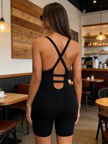 SHEIN Rompi Olahraga Hamil Warna Polos Elastis Bernapas, dengan Desain Cup. - Hitam - View 8