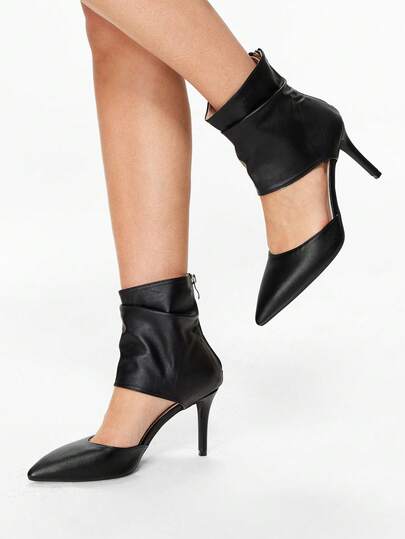 Glitzique 秋冬女式高跟靴，时尚短靴，黑色，镂空设计，褶皱踝靴，后拉链，尖头细高跟靴，夏季黑色皮革镂空短靴，女靴