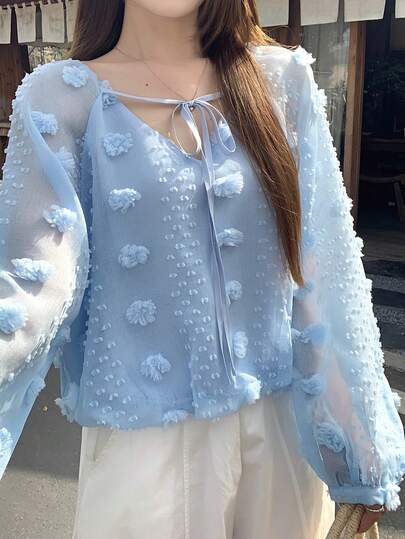 DAZY 女士宽松V领灯笼袖系带印花休闲夏季衬衫