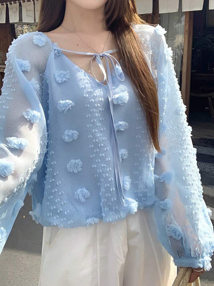 Women's Loose V-Neck Lantern Sleeve Tie-Front Textured Floral Casual Summer Blouse