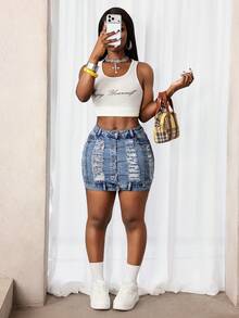 Slaydiva 女士休闲水洗做旧修身牛仔迷你裙，夏季 - 淺色水洗藍 - 查看 6