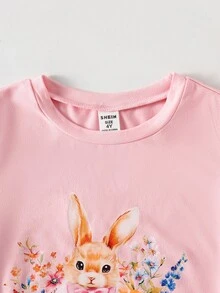 女童春夏休闲度假通勤复活节兔子彩蛋印花短袖T恤和喇叭裤套装 - 彩色 - 查看 4