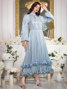 Modelyn 女士优雅派对纯色灯笼袖荷叶边下摆连衣裙 - 藍色 - 查看 7
