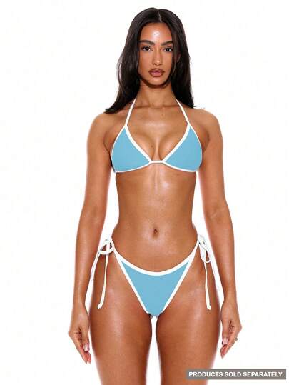 Musera Resort Top de bikini de triángulo con recorte de contraste de cuello halter, para verano, primavera, vacaciones, sexy, para playa en Ibiza