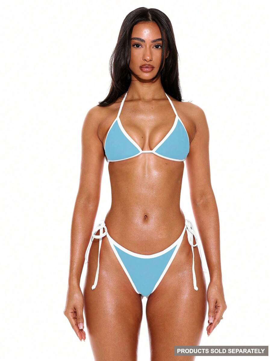 Musera Resort Áo bikini tam giác cổ yếm viền tương phản, chỉ có áo, thích hợp cho mùa hè, xuân, kỳ nghỉ, du lịch, gợi cảm, đi biển Ibiza. - Màu xanh nhạt - Xem 1