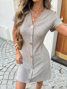 SHEIN LUNE Women's Casual Ribbed Summer Vacation & Commute Daily Basic Fashion Short Sleeve Mini Dress - Apricot - View 3