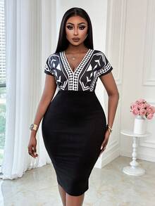 Xyvia Dropped Shoulder Sleeve Print Fabric Patchwork Waist Wrap V-Neck Elegant Romantic Women's Vacation Dress - Multicolor - View 3