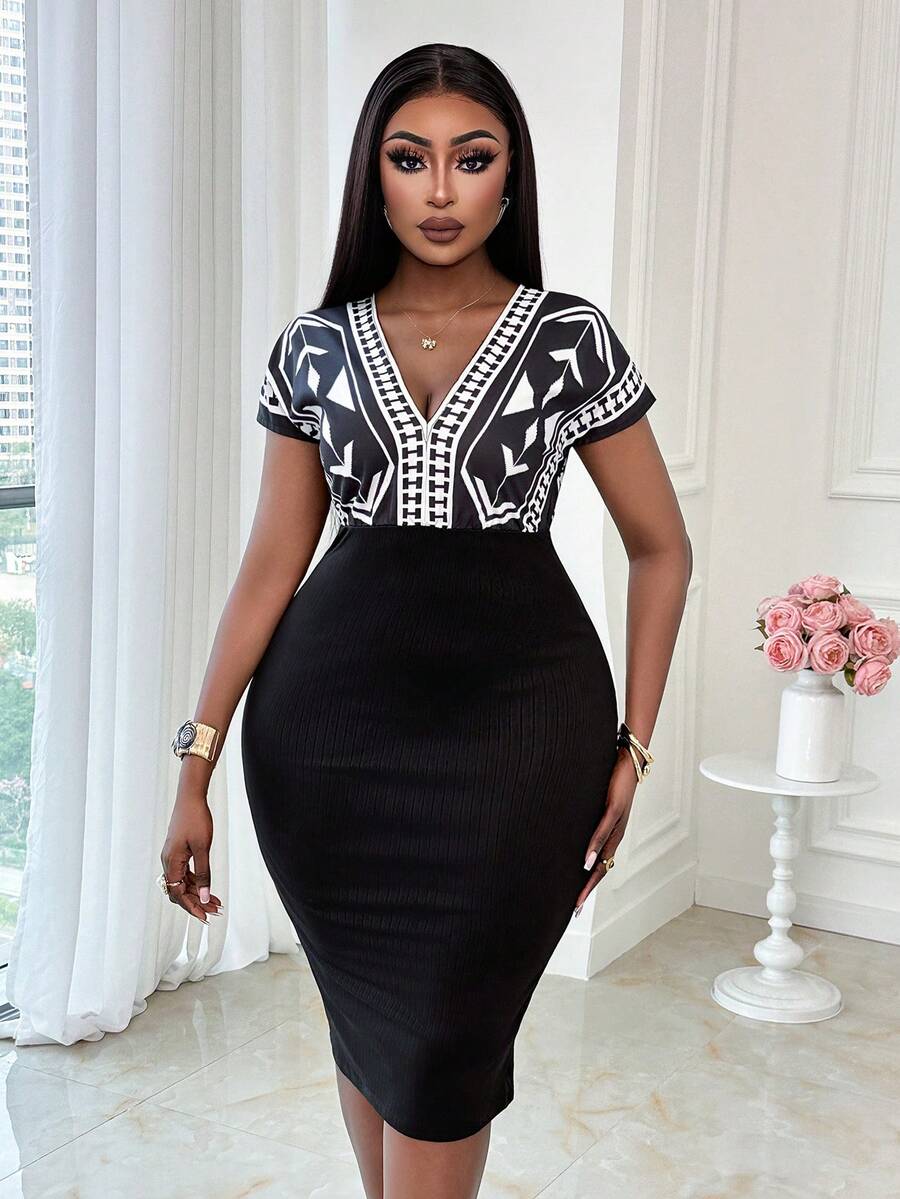 Xyvia Dropped Shoulder Sleeve Print Fabric Patchwork Waist Wrap V-Neck Elegant Romantic Women's Vacation Dress - Multicolor - View 1