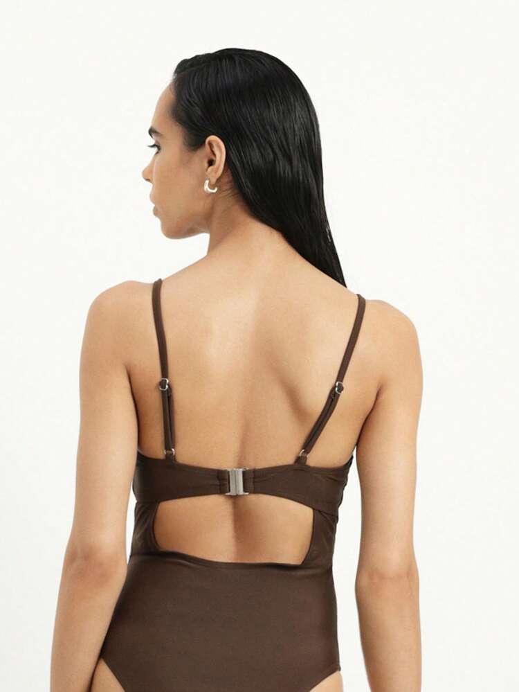 KSTM Draped Beaded Strap Plunge Neckline One Piece Swimsuit With Underwire Support And Cut Out Back Detail