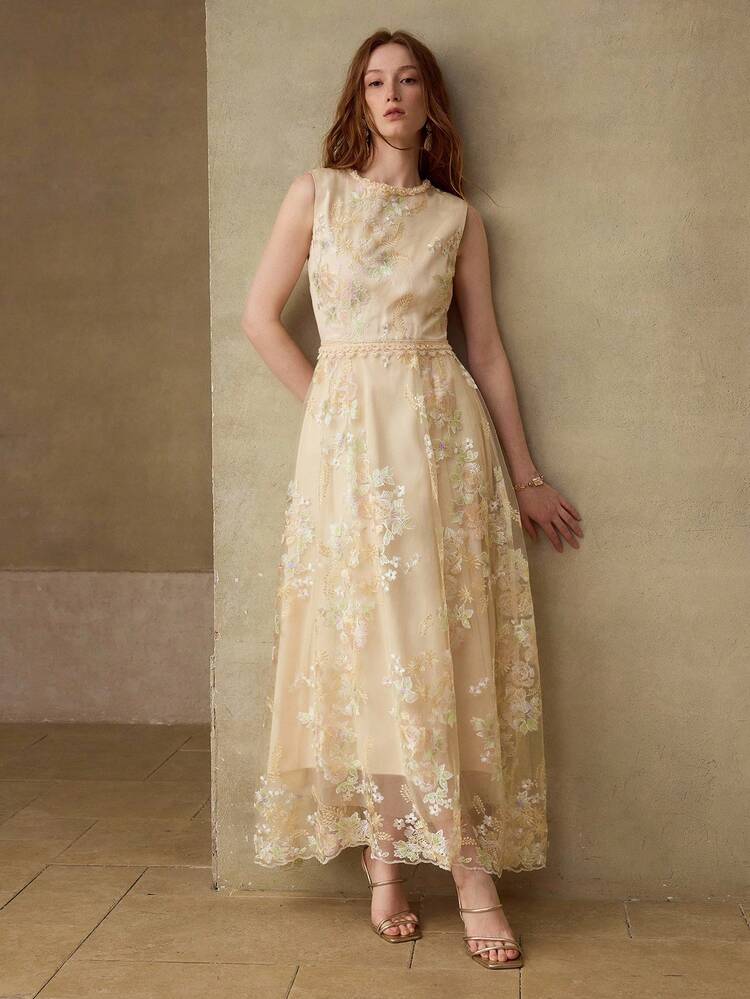 WOMEN'S ROMANTIC EMBROIDERED MESH & FAUX PEARL 3D FLORAL DECOR SLEEVELESS WAIST CINCHED DRESS