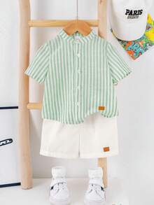 Bộ 2 món áo sơ mi tay ngắn cổ tàu kẻ sọc thoải mái, đa năng cho bé trai, gồm áo sơ mi và quần short. - Màu xanh Bạc hà - Xem 5