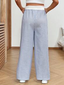 SHEIN 可调节腰围条纹休闲宽松孕妇裤，日常百搭 - 藍白色 - 查看 2