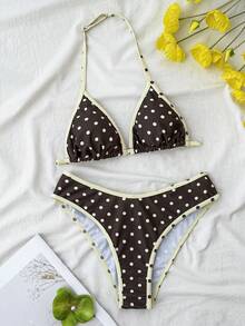 SHEIN Teen Girl Summer New Seaside Vacation Fashion Sweet Cute Contrast Polka Dot Print Halter Cute Bikini Set - Multicolor - View 4