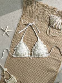 Swim Mod Solid Flower Textured Fabric Faux Pearl Sheen Scallop Trim Halter Triangle Bikini Top, Sexy Swimwear For Spring/Summer Beach Vacation - Beige - View 2