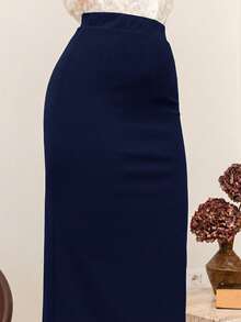 Bris Aura Váy công sở dài màu trơn cạp cao thanh lịch cho nữ - Màu xanh hải quân - Xem 7