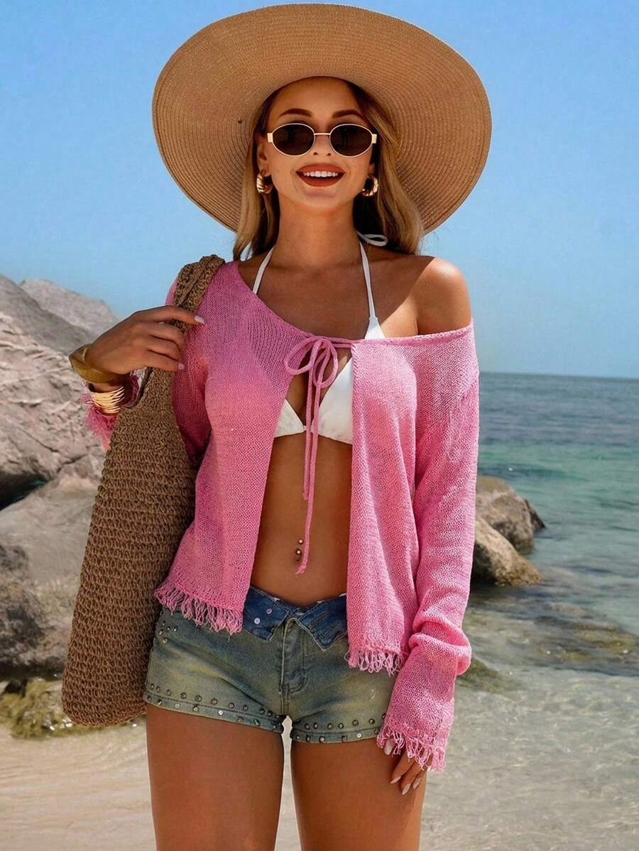 Swim Vcay 2026新款女士泳装到货，适合上学、度假、约会、下午茶、西式、邮轮、海滩、海岛、公路旅行、四季皆宜、音乐节、波西米亚风度假、秋日休闲、西部波西米亚风等场合。优雅钩针编织撞色条纹休闲优雅沙滩度假女式和服罩衫。 - 彩色 - 查看 1