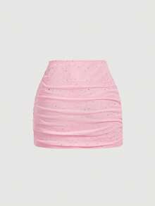 SHEIN MOD 女士夏季时尚休闲度假粉色亮片褶皱露脐上衣和迷你裙两件套 - 粉色 - 查看 8