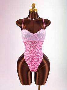 Amplova Women's Fashion Sexy Lace Patchwork Leopard Print Bodysuit - Pink - View 3
