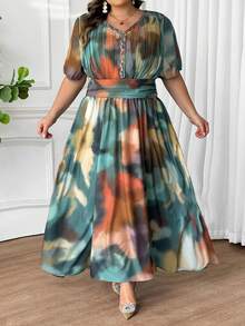 SHEIN CURVE+ 大码V领扎染图案优雅浪漫收腰A字型长裙 - 彩色 - 查看 11