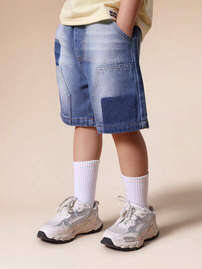 SUMWON Boys Patchwork Denim Carpenter Shorts With Smokey Wash And Relaxed Fit Summer Casual Wear