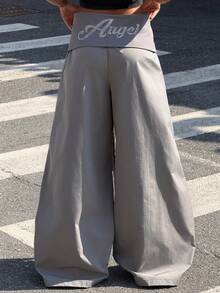 Muchica Grey Woven Fashion Street Rhinestone Letter Loose Pleated Wide Leg Pants - Light Grey - View 6