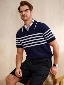 Manfinity CityGents Men's Casual Commuter Striped Short Sleeve Knit Top - Black - View 2