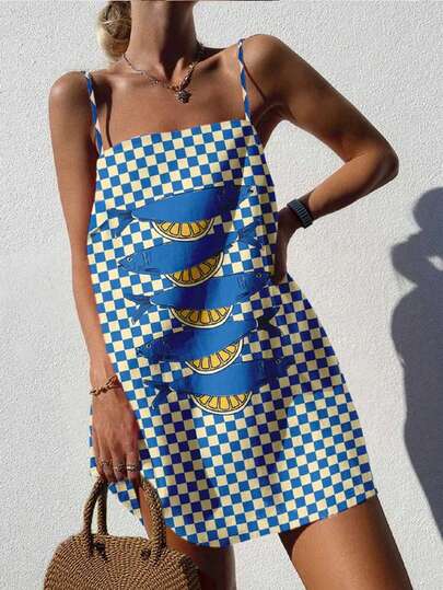 Breezaya 2026 Plus Size Women's Spring/Summer New Arrivals Unique & Playful Casual Versatile Blue & White Checkered Fishbone Print Spaghetti Strap Dress Perfect For Spring & Summer Outfits