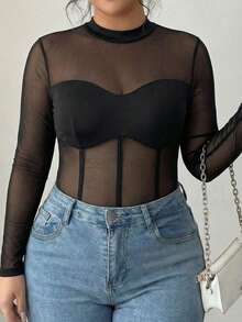 Elenzga Plus Size Women Spring/Summer Long Sleeve Mesh Patchwork Sheer Bodysuit - Black - View 5